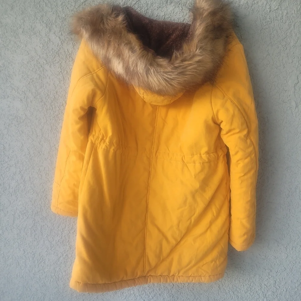 Faux Fur Lined Jacket Mustard Yellow, Hooded, Full Zip